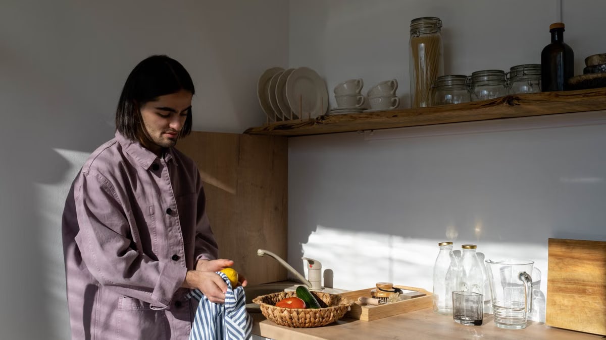 A man stands in a minimalist kitchen, preparing vegetables on a sunny day.